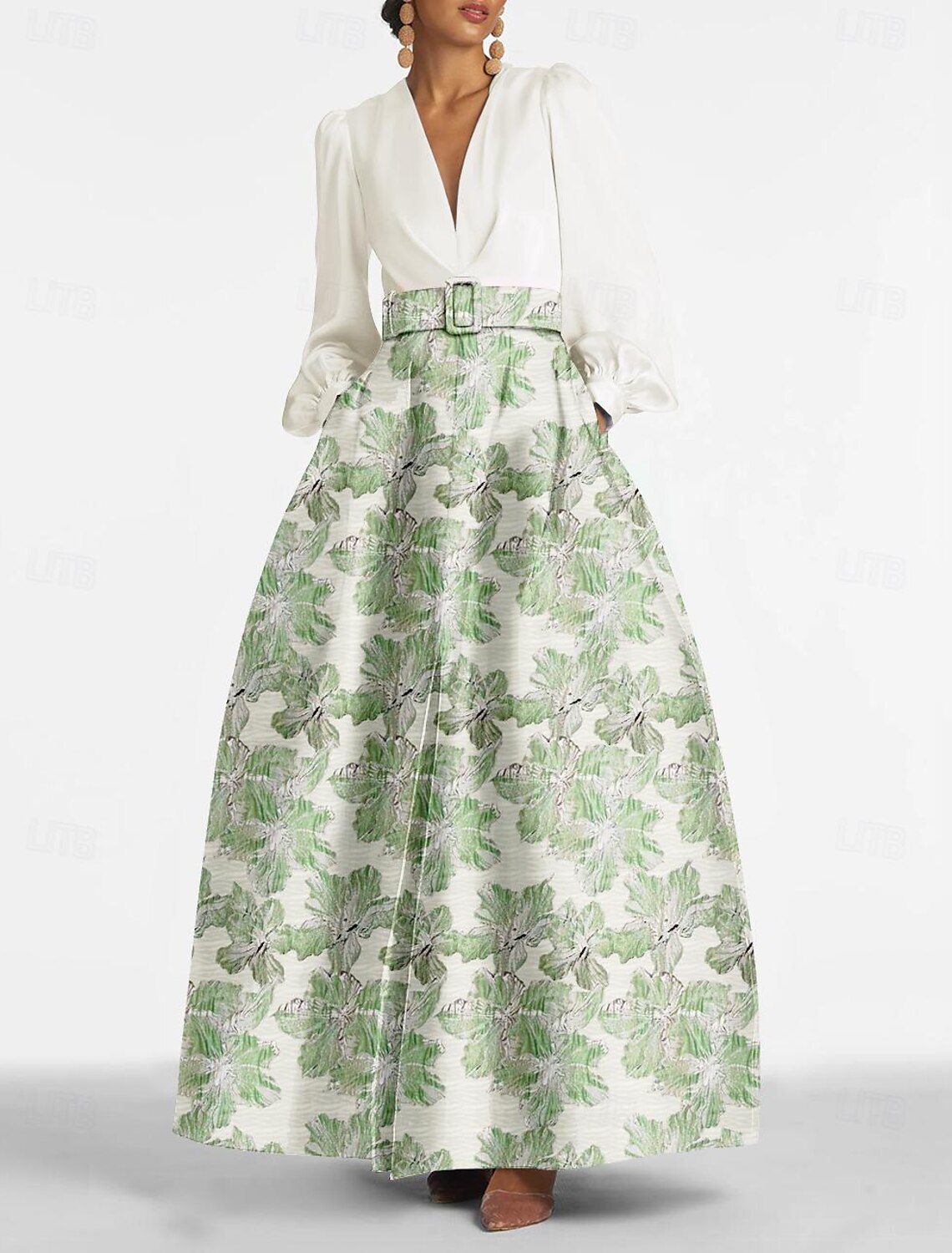 Abito da sera elegante con stampa floreale a trapezio, in metallo, con scollo a V, manica lunga, cintura/fascia in nylon